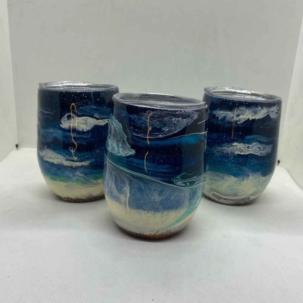 3 handcrafted epoxy dipped wine tumblers